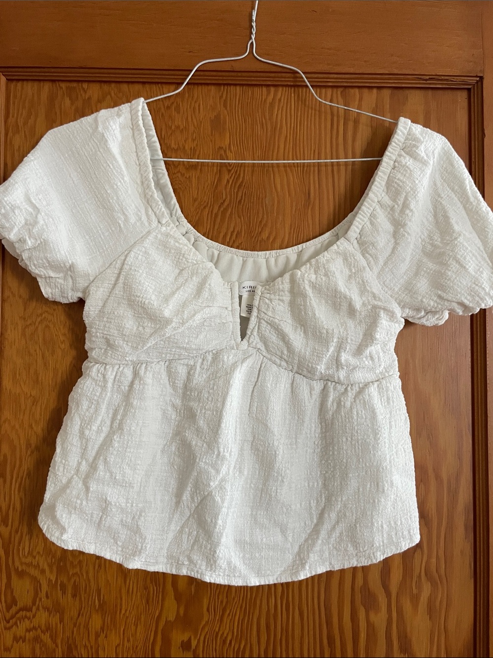 Textured White Scoop-Neck Puff Sleeve Blouse